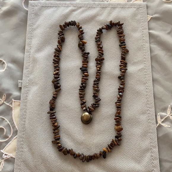 Brown Stone Long Necklace with Metal Hat Charm - Picture 4 of 4